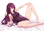  barefoot blush competition_swimsuit fate/grand_order fate_(series) long_hair looking_at_viewer lying one-piece_swimsuit purple_eyes purple_hair scathach_(fate)_(all) scathach_(fate/grand_order) shiny shiny_skin solo spread_legs swimsuit ulrich_(tagaragakuin) 