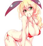  animal_ears arched_back balloon_vine_(flower_knight_girl) bikini blonde_hair blush breasts bunny_ears collarbone cowboy_shot eyebrows_visible_through_hair flower_knight_girl green_eyes keikotsu large_breasts leaning_forward long_hair looking_at_viewer mouth_hold red_bikini shiny shiny_skin side-tie_bikini skindentation smile solo swimsuit white_background 