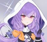  1girl absurdres akira_(g0dspeed) atsuko_(blue_archive) black_gloves blue_archive blush bow commentary_request eyelashes eyes_visible_through_hair gloves grey_background hair_between_eyes hair_bow halo hand_up highres hood hood_up hooded_jacket jacket long_hair looking_at_viewer low_twintails orange_bow parted_lips purple_gloves purple_hair red_eyes simple_background solo tsurime twintails two-sided_gloves upper_body v white_halo white_jacket 
