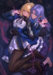  2girls absurdres ahoge armor artoria_pendragon_(fate) back_bow barefoot black_gloves blonde_hair blue_bow blue_bowtie blue_dress blue_eyes bound bow bowtie breasts brown_pantyhose buttons closed_mouth clothing_cutout commentary_request commission dress fate/stay_night fate/unlimited_blade_works fate_(series) fingernails frills gloves green_eyes hair_between_eyes hair_bun hand_around_waist hand_on_another&#039;s_chin hand_up hands_up highres hjwhuhu honkai:_star_rail honkai_(series) juliet_sleeves long_hair long_sleeves looking_at_another looking_at_viewer mandarin_collar medea_(caster)_(fate) medea_(fate) medium_breasts multiple_girls no_shoes pantyhose parted_bangs pixiv_commission pointy_ears puffy_sleeves purple_dress purple_hair restrained saber_(fate) saber_(honkai:_star_rail)_(fate) shadow short_hair shoulder_armor shoulder_cutout sidelocks smile thigh_strap tied_up_(nonsexual) two-tone_dress white_dress yuri 