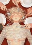  1girl alt_text blonde_hair breasts brown_gloves closed_eyes colored_eyelashes dungeon_meshi eyelashes falin_touden falin_touden_(chimera) feathers fingerless_gloves fingernails fork gloves hair_spread_out highres holding holding_fork holding_knife holding_spoon knife long_fingernails lying on_back parted_lips plate sasakura34 short_hair solo_focus spoon table_knife underboob upper_body white_feathers 