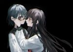  2girls adjusting_another&#039;s_eyewear adjusting_eyewear black_background black_hair commentary_request expressionless eye_contact face-to-face from_side glasses green_hair green_sailor_collar hair_between_eyes hand_on_eyewear hand_up highres komenomoku long_hair long_sleeves looking_at_another multiple_girls neckerchief original profile red_neckerchief sailor_collar school_uniform serafuku shirt short_hair simple_background smile upper_body white_shirt yuri 