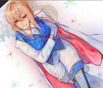  1girl arm_under_breasts blonde_hair blue_vest cape collared_shirt cowboy_shot crossed_legs dutch_angle grin koiii_(ichikakoiii) leaning_forward long_hair looking_at_viewer mole_beside_mouth pants red_cape red_eyes reverse:1999 shirt smile solo tennant_(reverse:1999) vest white_background white_pants white_shirt 