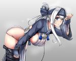  bandaged_arm bandages bent_over black_legwear blue_eyes breasts breath chain dated folded_ponytail gradient gradient_background hand_on_own_thigh headband kamoi_(kantai_collection) kantai_collection large_breasts long_hair parted_lips pelvic_curtain sideboob sidelocks silver_hair simple_background solo string_panties sweat tassel thighhighs wrist_cuffs yaruku 