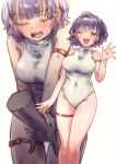  1boy 1girl blurry blush breasts brown_eyes closed_eyes commentary_request disembodied_hand fingering fuwa_uneuchi hetero highres large_breasts multiple_views nanase_suzuna nijisanji one-piece_swimsuit one_eye_closed open_mouth paid_reward_available purple_hair short_hair simple_background swimsuit teeth thigh_strap upper_teeth_only variant_set virtual_youtuber waving white_background white_one-piece_swimsuit 