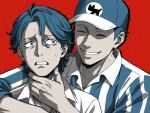  2boys arm_around_neck baseball_cap blue_eyes blue_hair closed_eyes collared_shirt commentary_request constricted_pupils false_smile furrowed_brow hand_on_another&#039;s_neck hat ito_yusuke looking_at_another male_focus mayusaki_jun multiple_boys nervous_sweating open_mouth red_background scared shirt short_hair smile striped_clothes striped_shirt sweat toshi_densetsu_kaitai_center upper_body vertical-striped_clothes vertical-striped_shirt yonehata_(yone_kome) 