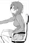  araki_hina blush breasts from_side glasses greyscale idolmaster idolmaster_cinderella_girls jacket medium_breasts messy_hair monochrome profile short_hair solo spirytus_tarou 