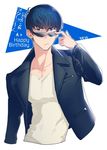  blue_eyes blue_hair closed_mouth f6 happy_birthday jacket leather leather_jacket looking_at_viewer looking_over_eyewear male_focus matsuno_karamatsu minashigo osomatsu-kun osomatsu-san removing_eyewear shirt solo sunglasses t-shirt triangle white_shirt 