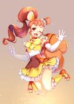  absurdres animal_ears arisugawa_himari boots cake_hair_ornament cure_custard elbow_gloves extra_ears food_themed_hair_ornament full_body gloves hair_ornament highres jumping kirakira_precure_a_la_mode long_hair magical_girl one_eye_closed open_mouth orange_hair petticoat ponytail precure satou_(kuso-neet) solo squirrel_ears squirrel_tail tail white_gloves yellow_footwear 