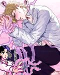 2boys birthmark bishounen blonde_hair blue_hair dio_brando ear_birthmark green_eyes hermit_purple highres jojo_no_kimyou_na_bouken jonathan_joestar male_focus multiple_boys pale_skin phantom_blood shira_jdj shirt yaoi 