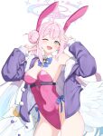  1girl absurdres alternate_costume animal_ears blue_archive blue_jacket blush breasts cleavage commentary_request cowboy_shot daran9 double_bun double_v fake_animal_ears hair_bun halo highres jacket leotard long_hair looking_at_viewer low_wings medium_breasts mika_(blue_archive) official_alternate_costume one_eye_closed open_clothes open_jacket open_mouth pink_hair pink_halo pink_leotard playboy_bunny rabbit_ears simple_background single_bare_shoulder single_off_shoulder smile solo strapless strapless_leotard teeth twintails upper_teeth_only v white_background white_wings wing_ornament wings yellow_eyes 