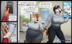 2024 after_transformation anthro arm_grab big_breasts blue_eyes bottomwear breasts brown_body brown_fur canid canine canis clothing comic dialogue digital_media_(artwork) domestic_dog duo electronics english_text eyewear female fingerpads footwear fur glasses grey_clothing grey_sweater grey_topwear herding_dog hi_res holding_object holding_phone human human_to_anthro husky inside legwear mammal miltonholmes nordic_sled_dog office open_mouth overweight overweight_female pants pantyhose pastoral_dog pawpads phone reality_shift road round_glasses shoes short_stack smile species_transformation spitz sweater tail text topwear transformation water_cooler welsh_corgi