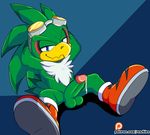  anthro avian balls bird blue_eyes chest_tuft clothing erection eyewear footwear goggles half-closed_eyes hands_behind_head hawk jet_the_hawk looking_at_viewer male penis precum presenting senshion shoes simple_background sitting smile solo sonic_(series) sonic_riders spreading sweat tuft url 