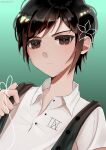  1boy :&lt; aegyo_sal artist_name basil_(faraway)_(omori) basil_(omori) black_hair black_overalls brown_eyes buttons closed_mouth collared_shirt flower frown green_background hair_flower hair_ornament hand_up highres holding_strap idawnrunner looking_at_viewer male_focus omori overalls partially_unbuttoned prototype_design shirt short_hair short_sleeves sidelocks simple_background solo string tsurime upper_body v-shaped_eyebrows 