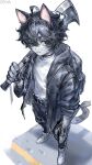  1boy absurdres ahoge animal_ears axe backpack bag bandages belt black_bag black_belt black_choker black_eyes black_hair black_jacket black_pants cat_ears cat_tail choker ear_piercing earrings fingerless_gloves frown furry furry_male gloves highres holding holding_axe holding_weapon hood hooded_jacket jacket jewelry looking_to_the_side magic_dream00 over_shoulder pants piercing scar shirt shoes single_earring sneakers tail weapon weapon_over_shoulder whiskers white_shirt white_shoes zipper 