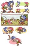  !? 1boy 1girl amy_rose bow bowtie brown_skirt cup flying_sweatdrops furry furry_female furry_male gloves heart highres holding holding_cup holding_hands looking_at_another multiple_views on_tree_stump red_bow red_bowtie signature skirt smile sonic_(series) sonic_cd sonic_the_hedgehog sonic_the_hedgehog_(classic) teapot tree tripping white_gloves z-t00n 