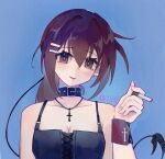  1girl absurdres bare_shoulders belt_collar black_dress breasts brown_hair cigarette cleavage collar commentary cross cross-laced_clothes cross-laced_dress cross_necklace cross_print dress earrings hair_between_eyes hair_ornament hairclip halter_dress halterneck highres holding holding_cigarette jewelry latin_cross looking_at_viewer medium_breasts minakami_yuki necklace parallel_hairclips ponytail sleeveless sleeveless_dress smile solo spiked_collar spikes stud_earrings subarashiki_hibi tassel tassel_hair_ornament twitter_username upper_body wristband yellow_eyes yihi 