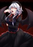 albino bat_wings black_dress black_vest black_wings blood colored_eyelashes commentary_request dark_persona dress fangs finger_licking highres inyuppo izayoi_sakuya juliet_sleeves licking long_sleeves maid_headdress pale_skin pointy_ears puffy_sleeves red_eyes sidelocks solo touhou vampire vest white_hair wings 