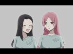  2girls :d ^_^ arms_at_sides assault_lily black_hair blush closed_eyes commentary green_eyes grey_background grey_shirt heterochromia jin_no_hana letterboxed long_hair looking_at_another looking_to_the_side multiple_girls nigari_(ngari_0115) open_mouth parted_bangs parted_lips red_eyes red_hair shiba_tomoshibi shirt short_sleeves simple_background smile upper_body 