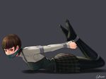  angry bdsm bondage bound brown_hair feet full_body gag gbeeee hogtie looking_at_viewer lying niijima_makoto on_stomach pantyhose persona persona_5 plaid plaid_skirt red_eyes rope shibari short_hair shuujin_academy_uniform skirt solo 