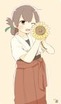  artist_name blush brown_eyes brown_hair commentary_request cowboy_shot flower folded_ponytail hakama ina_(1813576) japanese_clothes kantai_collection kasuga_maru_(kantai_collection) kimono long_hair one_eye_closed remodel_(kantai_collection) simple_background smile solo sunflower taiyou_(kantai_collection) 