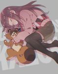  1girl black_legwear blurry boots brown_hair closed_eyes depth_of_field ebisugawa_kaisei long_hair luo. lying on_side shimogamo_yasaburou shorts sleeping tail tanuki thighhighs uchouten_kazoku 