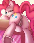  2017 anus atmosseven blue_eyes butt clitoral_winking clitoris cutie_mark earth_pony equine female feral friendship_is_magic hair horse looking_at_viewer looking_back mammal my_little_pony pink_hair pinkie_pie_(mlp) pony presenting pussy solo tongue tongue_out 