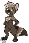  2016 4_toes anthro barefoot biped black_fur black_nose black_tail canine chest_tuft claws digital_media_(artwork) digitigrade featureless_crotch full-length_portrait fur green_eyes grey_fur grey_hair grey_tail hair hands_on_hips looking_at_viewer male mammal multicolored_fur multicolored_tail muzz naturally_censored nude portrait short_hair signature smile solo standing teeth toe_claws toes toony tuft wolf yellow_claws 