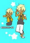  1boy ahi_tb black_shirt blonde_hair blue_background charaleet_(precure) dark_skin dark_skinned_male grey_eyes gyaruo hugtto!_precure jewelry male_focus necklace ok_sign pants parody pop&#039;n_music precure shirt simple_background smile style_parody sweatpants tank_top vest 