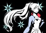  black black_background blue_eyes long_hair looking_at_viewer ponytail rwby scar scar_across_eye smile snowflakes solo weiss_schnee white_hair 