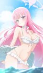  1girl absurdres angel_wings bare_arms bare_shoulders bikini blue_archive blush breasts cleavage closed_mouth collarbone feathered_wings frilled_bikini frilled_bikini_bottom frilled_bikini_top frills halo hand_on_own_chest highres large_breasts long_hair looking_at_viewer low_wings mika_(blue_archive) mika_(swimsuit)_(blue_archive) multicolored_eyes navel official_alternate_costume official_alternate_hairstyle pink_hair pink_halo purple_eyes rei_hinasuki smile stomach swimsuit tea_party_(blue_archive) two-tone_eyes very_long_hair white_bikini wing_ornament wings yellow_eyes 