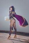  1girl ass back beke_(cosplayer) belt black_hair bodystocking bodysuit book cosplay fire_emblem from_behind hair_ornament high_heels looking_at_viewer nail_polish naughty_face photo smile solo tharja thong twintails wind 