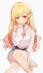  1girl blonde_hair denim denim_shorts earrings gradient_hair highres jewelry light_blush long_hair long_sleeves midriff multicolored_hair navel pink_eyes playing_with_own_hair project_sekai shirt shorts simple_background single_earring solo tenma_saki uminokaisen white_background white_shirt 