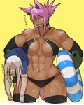  abs big_breasts bikini breasts brown_skin canine clothing cybernetics cyborg dantera_rina(hutago) duo face_paint female hair hi_res human humanoid hutago invalid_tag long_hair machine male mammal muscular navel sweat swimsuit teeth text tongue wet 