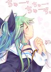  artist_name bare_shoulders black_ribbon black_serafuku closed_eyes detached_sleeves green_hair hair_ornament hair_ribbon hairclip heart kantai_collection kiss_day long_hair long_sleeves maruma_(maruma_gic) ribbon school_uniform serafuku signature solo_focus yamakaze_(kantai_collection) 