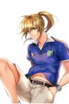  asino belt blonde_hair brown_eyes hands_in_pockets highres jayce_(soccer_spirits) jewelry key long_hair looking_at_viewer male_focus navel necklace official_art polo_shirt ponytail shorts smile soccer_spirits transparent_background watch wristwatch 