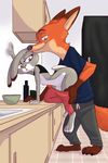  2017 akiric anthro assisted_exposure barefoot canine clothed clothing colored counter disney duo female fox imminent_sex judy_hopps kitchen lagomorph male mammal nick_wilde pants_down partially_clothed rabbit raised_shirt side_view smile undressing zootopia 