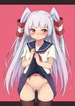  absurdres alternate_costume amatsukaze_(kantai_collection) bangs black_legwear blue_hair blue_skirt blush censored closed_mouth gradient_hair hair_tubes highres kantai_collection lavender_hair letterboxed lifted_by_self long_hair looking_to_the_side mosaic_censoring moyashi_baasuto multicolored_hair navel no_panties pink_background pussy school_uniform serafuku short_sleeves simple_background skirt skirt_lift solo tears thighhighs two_side_up yellow_eyes 