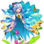  ;d ahoge bangs blue_dress blue_eyes blue_hair blue_ribbon blush bow breasts bug butterfly cirno cloud collarbone collared_shirt cowboy_shot dress eyebrows_visible_through_hair flower frilled_shirt_collar frills hair_between_eyes hair_bow hand_up highres ice ice_wings insect ivy koto_seori lace lace-trimmed_collar lace-trimmed_sleeves lace_trim leaf legs_apart looking_at_viewer neck_ribbon one_eye_closed open_mouth pink_flower puffy_short_sleeves puffy_sleeves purple_flower red_ribbon ribbon see-through shirt short_hair short_sleeves skirt_hold sky small_breasts smile solo standing sunflower swallowtail_butterfly touhou v white_shirt wings yellow_flower 