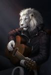  5_fingers anthro black_lips black_nose blue_eyes cat clothed clothing feline fur guitar hair lion mammal music musical_instrument simple_background solo tune white_fur white_hair wolnir 
