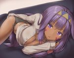  alternate_costume bangs barefoot black_panties blunt_bangs breasts cleavage commentary_request couch dark_skin facial_mark fate/grand_order fate_(series) hairband highres indoors large_breasts long_hair long_sleeves lying nitocris_(fate/grand_order) on_side panties purple_eyes purple_hair reinama side-tie_panties solo underwear 