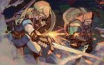  armor battle blonde_hair bodystocking boots bow_(weapon) commentary duel dust earrings fingerless_gloves from_above gauntlets gloves holding holding_shield holding_sword holding_weapon jewelry jumping lens_flare link looking_at_another mask motion_blur multiple_boys ponytail sheath shield shiimo short_sleeves sparks sword the_legend_of_zelda the_legend_of_zelda:_breath_of_the_wild tunic weapon weapon_on_back yiga_clan_blademaster 
