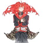  1girl black_bow black_jacket black_pants bow closed_mouth gauze gauze_over_eye grey_eyes hair_bow highres hydwamacroph jacket limbus_company long_hair long_sleeves looking_at_viewer maggot pants project_moon red_hair sidelocks simple_background solo upper_body white_background yuri_(project_moon) 