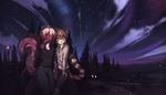  anthro blonde_hair brown_hair canine cat clothed clothing detailed_background duo ear_piercing feline female fruitbloodmilkshake girly hair hi_res male mammal night outside piercing sky solo standing star starry_sky tree 