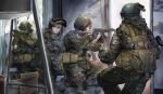  4girls absurdres aiming ak-74m akm akms aks-74u armor assault_rifle camouflage combat_helmet finger_on_trigger g&amp;k-cmdr gun helmet highres holding holding_gun holding_weapon kalashnikov_rifle magazine_(weapon) military military_combat_uniform military_fatigues military_uniform multiple_girls original rifle russian_ground_forces sniper_rifle soldier suppressor vss_vintorez weapon 