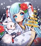  1girl 1other alice_vu aqua_hair bell blue_eyes blush chihaya_(clothing) closed_mouth flower hair_flower hair_ornament hatsune_miku holding holding_bell japanese_clothes jingle_bell kagura_suzu long_hair looking_at_viewer miko musical_note musical_note_print musical_staff musical_staff_print official_alternate_costume official_alternate_hairstyle rabbit rabbit_yukine red_flower red_nails smile snowflake_print twintails very_long_hair vocaloid yuki_miku yuki_miku_(2018) 