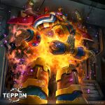  1boy android armor boots commentary_request company_name copyright_logo copyright_name copyright_notice extra_arms fire incentas_(mega_man) indoors ishida_baru logo looking_at_viewer male_focus mask mega_man_(series) mega_man_x:_command_mission mega_man_x_(series) official_art own_hands_together palms_together purple_eyes rayman_limbs shoulder_armor solo sparks standing teppen uraeus yellow_boots 