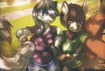  5_fingers anthro blue_eyes breasts brown_hair clothed clothing day dessert detailed_background duo feline female food fruitbloodmilkshake fur grass grey_fur grey_hair hair heterochromia ice_cream leopard mammal open_mouth outside red_fur red_panda sitting smile snow_leopard 