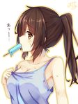  armpits bare_shoulders blush breasts brown_eyes brown_hair cleavage collarbone commentary_request food food_in_mouth from_side highres large_breasts long_hair looking_at_viewer looking_to_the_side mouth_hold original ponytail popsicle profile ramchi solo strap_slip sweat tank_top upper_body 