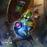  1other aiming aiming_at_viewer android arm_cannon arm_up armor ball_and_chain_(weapon) brick_wall commentary_request company_name copyright_logo copyright_name copyright_notice glint glowing glowing_eyes green_helmet helmet hoganmer holding holding_shield ishida_baru logo looking_at_viewer mega_man_(series) mega_man_x_(series) official_art other_focus shield spike_ball spiked_ball_and_chain standing teppen weapon 